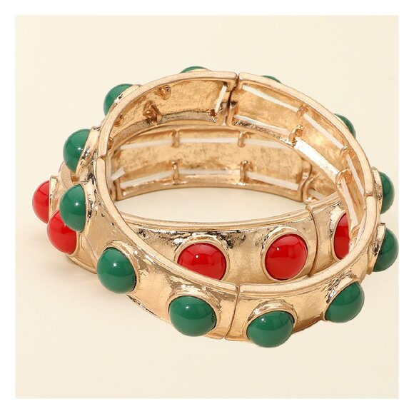 Set of 2 Hypoallergenic Gold Plated Stretch Natural Stone Christmas Bracelets - Picture 3 of 4